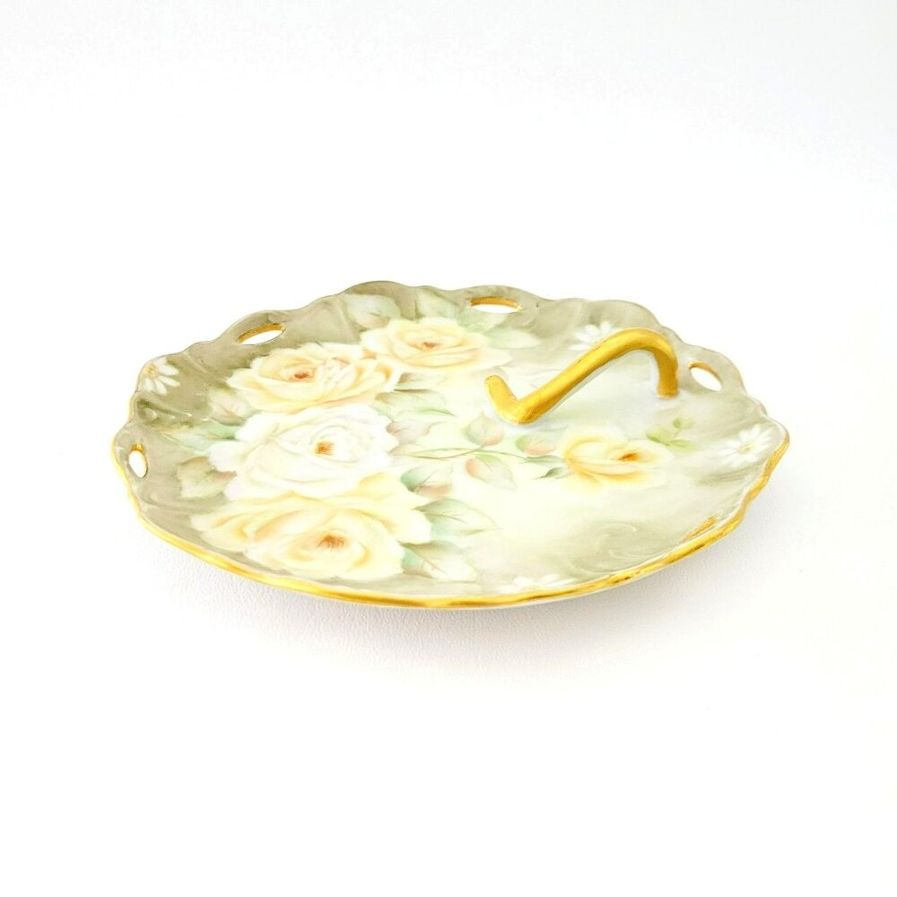 Vintage Hand Painted Rose Lemon Server, Peach & White Floral Elegant Vanity Tray
